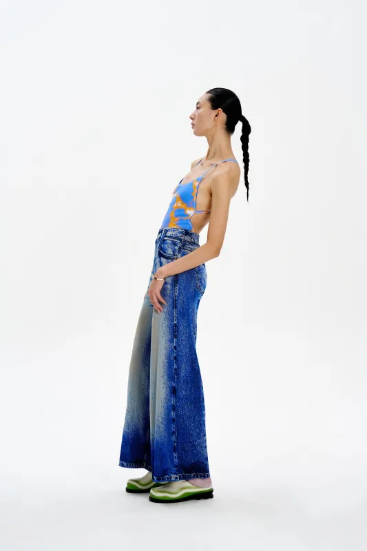 ARIA DENIM PRINT WIDE LEG PANTS made by PH5