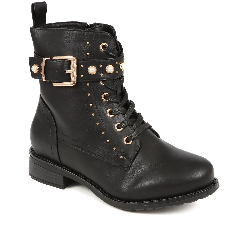 Buckle Strap Lace Up Boots - PINA / 324 581 sold by Shoe-Shop