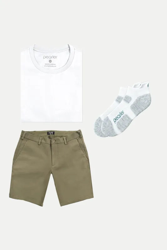 White Crew + Olive Chino Shorts sold by Pearler