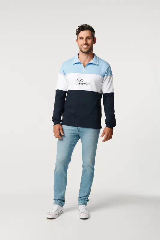 Rugby Quarter Zip - Sky Blue Tri Colour sold by Pearler