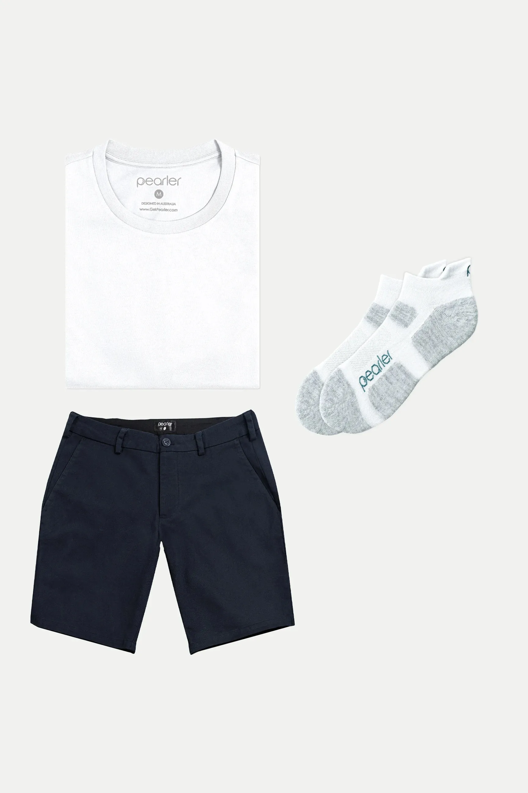 White Crew + Navy Chino Shorts sold by Pearler