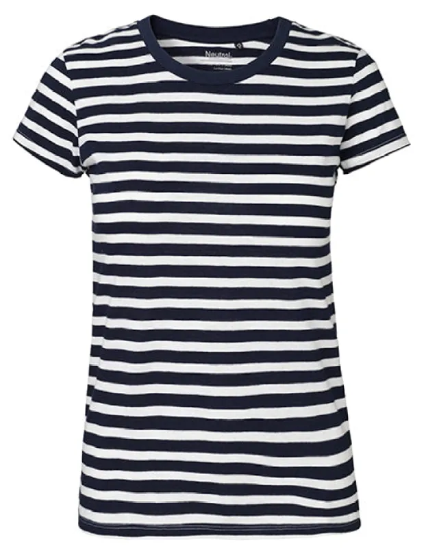 Neutral - Fit Dames T-shirt - White - Navy (Stripe - 100% Biologisch Katoen sold by Pure Kleding