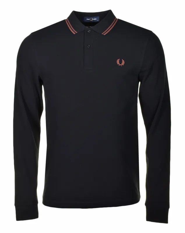Long Sleeve Twin Tipped Polo Shirt Black Whisky Brown sold by RAGAZZI