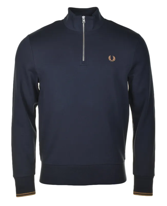 Half Zip Sweatshirt Navy Dark Caramel made by Fred Perry