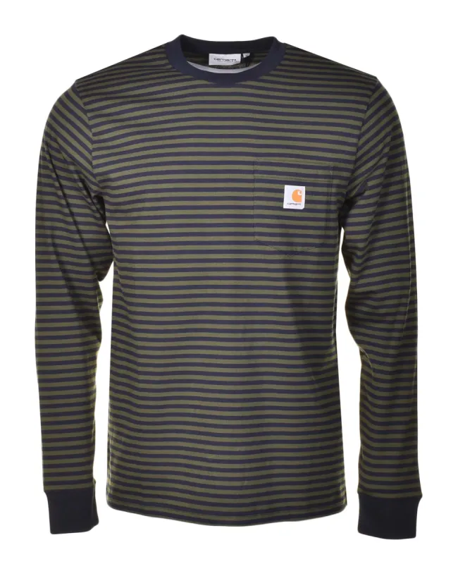 Verner Pocket Stripe Long Sleeve T Shirt Dark Navy Office Green sold by RAGAZZI