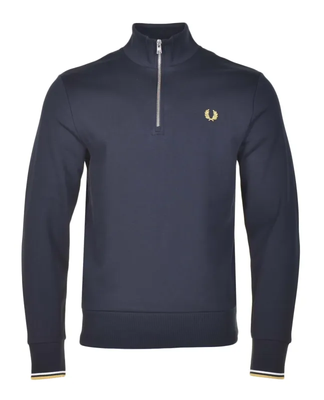 Half Zip Sweatshirt Navy Ecru Honeycomb made by Fred Perry