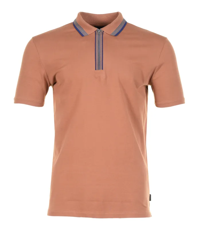 Regular Fit Short Sleeve Placket Stripe Zip Polo Shirt Brown sold by RAGAZZI