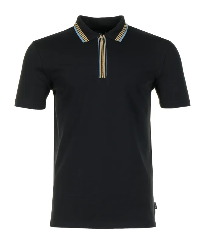 Regular Fit Short Sleeve Placket Stripe Zip Polo Shirt Black sold by RAGAZZI