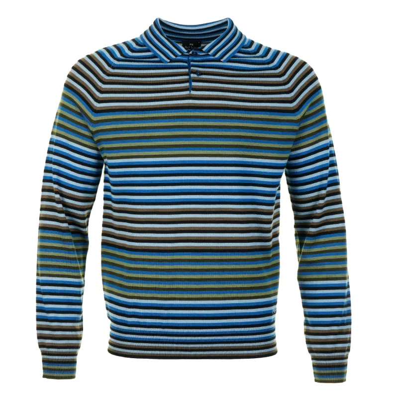 Knitted Long Sleeve Striped Polo Shirt Cobalt Blue sold by RAGAZZI
