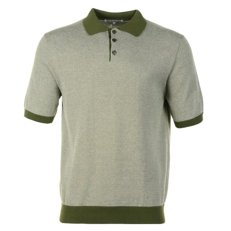 SS Knitted Polo Shirt Micro Stripe Olive Ecru made by RAGAZZI