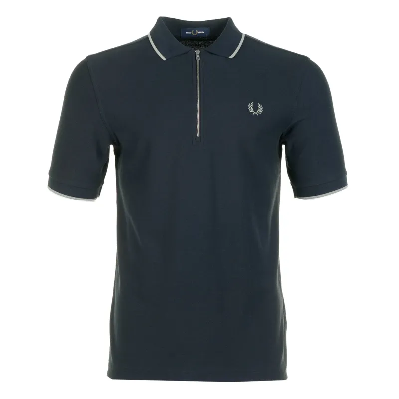 Crepe Pique Zip Neck Polo Shirt Navy made by Fred Perry