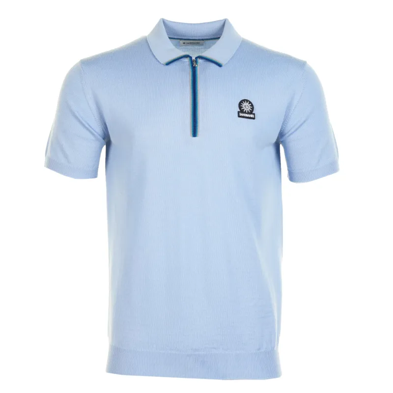 SS Colour Stripe Knitted Zip Polo Shirt Dusty Blue made by RAGAZZI