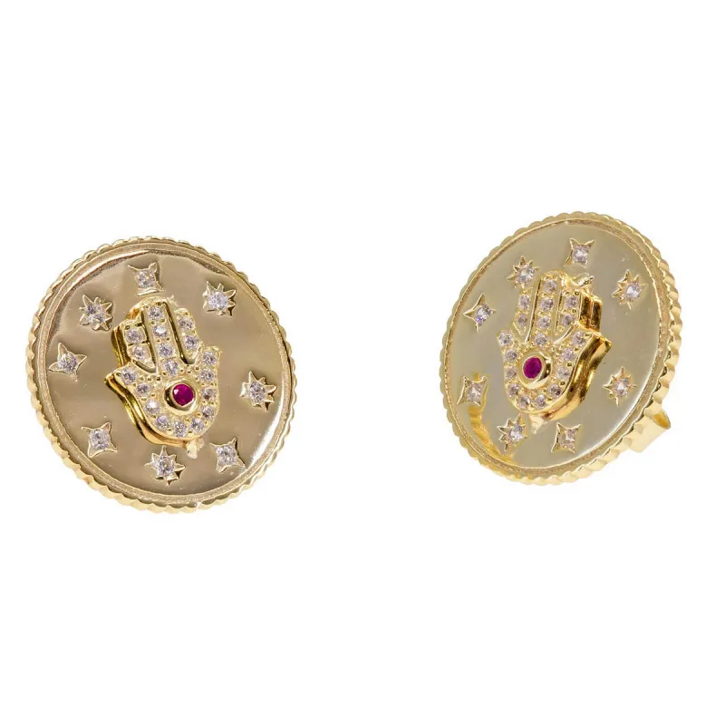 Enlightened Golden Disk Hamsa Paired Studs sold by Ragen Jewels