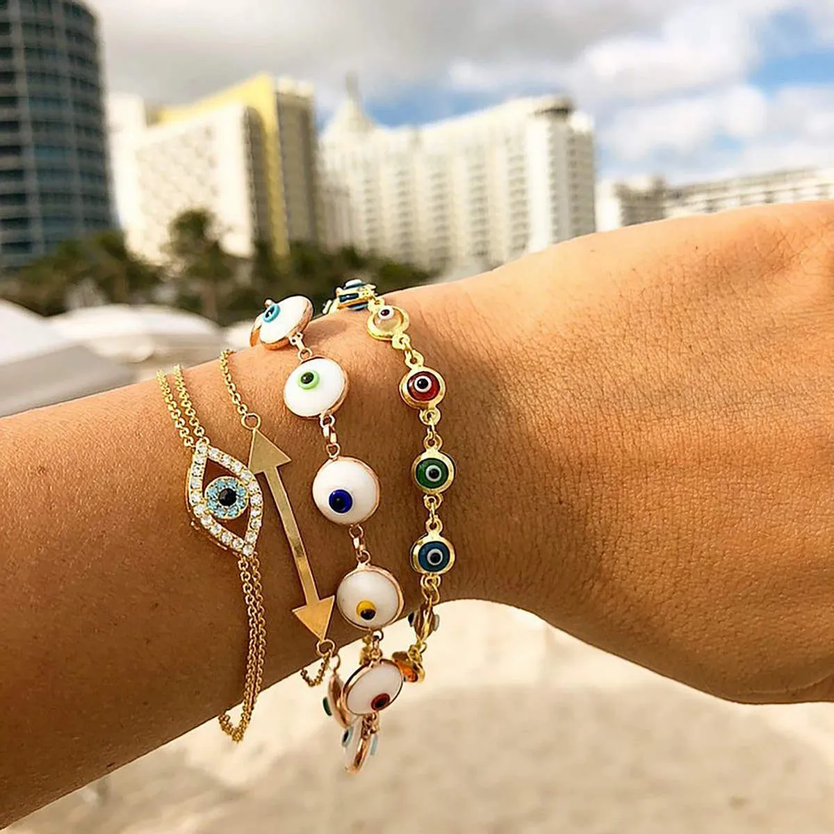 White Glass Bead Evil Eye Bracelet in Rainbow Iris sold by Ragen Jewels product image thumbnail 2