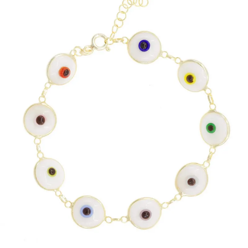 White Glass Bead Evil Eye Bracelet in Rainbow Iris sold by Ragen Jewels