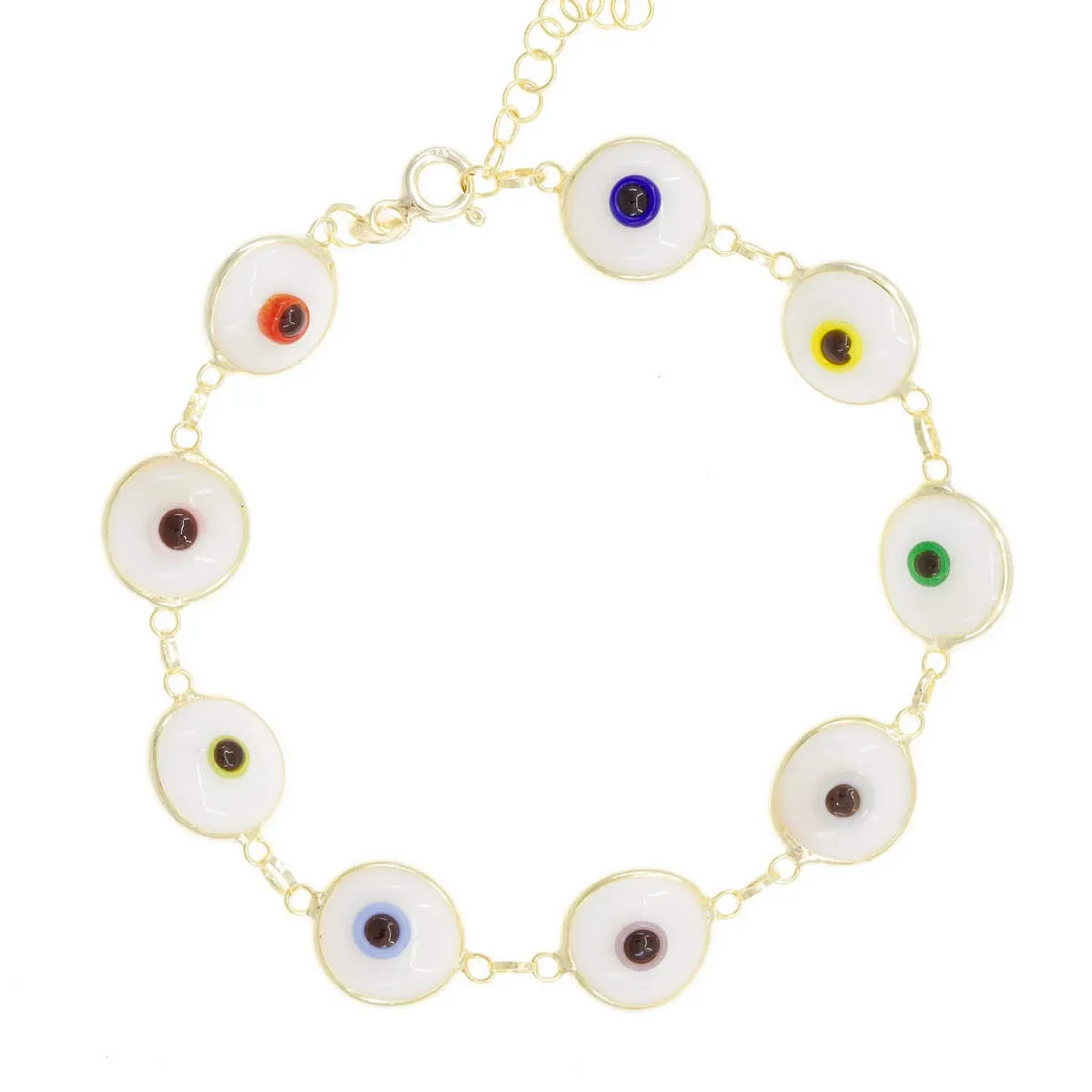 White Glass Bead Evil Eye Bracelet in Rainbow Iris sold by Ragen Jewels