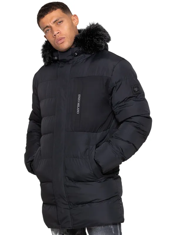 Enzo Milano | Mens Faux Fur Lined Hood Long Jacket sold by Raw Denim