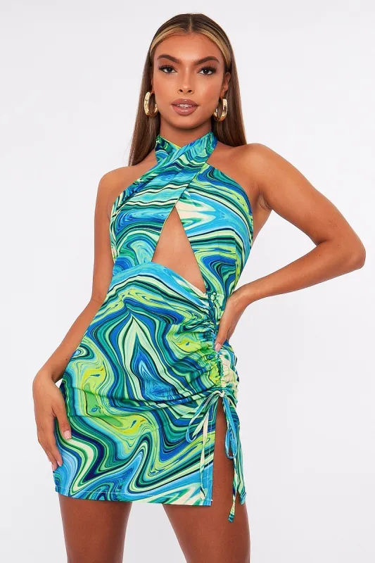 Blue Marble Halter Neck Cut Out Ruched Mini Dress - Oliviyah sold by Rebellious Fashion
