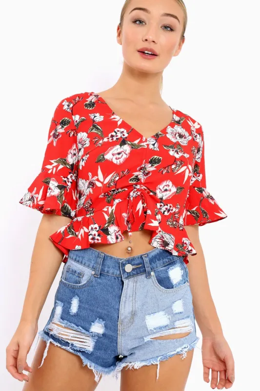Red Floral V Neck Top with Frills - Rubye sold by Rebellious Fashion