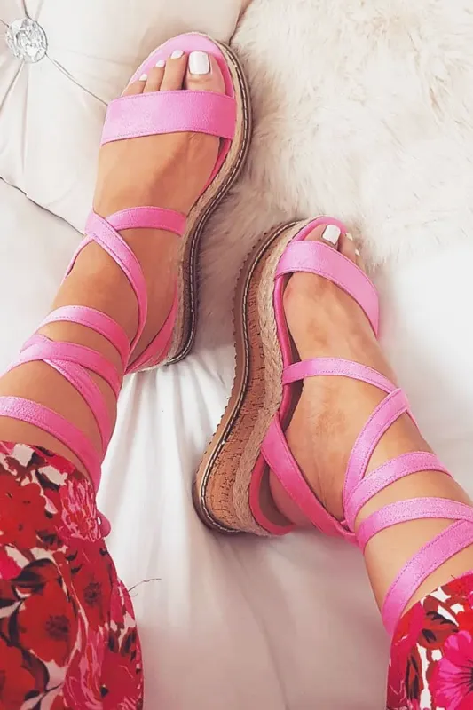 Pink Lace Up Platform Wedges - Camara sold by Rebellious Fashion