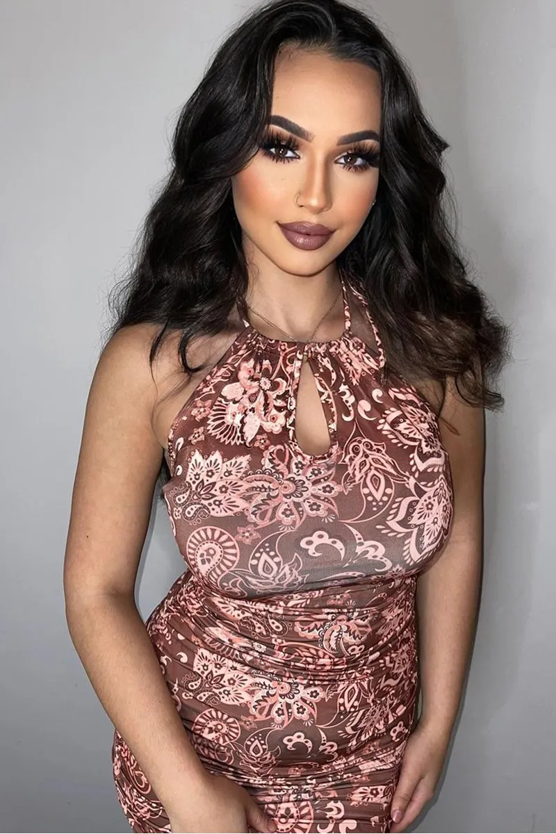 Brown Print Halter Neck Mini Dress - Taanvi sold by Rebellious Fashion product image thumbnail 3