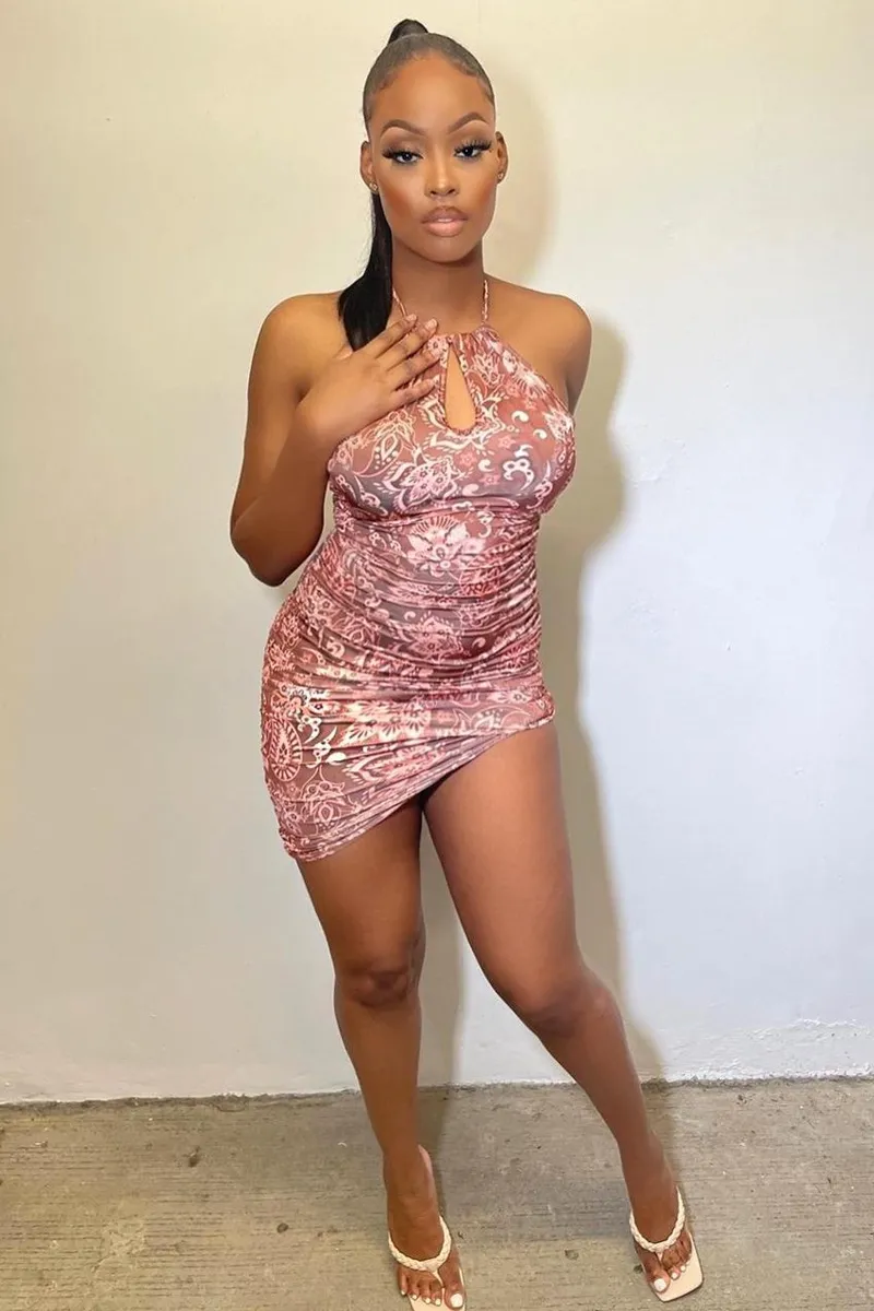 Brown Print Halter Neck Mini Dress - Taanvi sold by Rebellious Fashion product image thumbnail 4