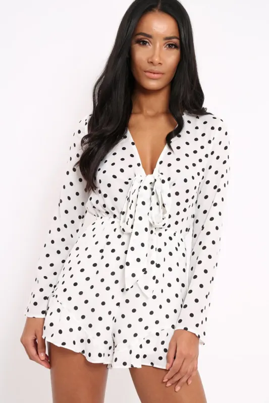 White Polka Dot Tie Front Playsuit - Jem sold by Rebellious Fashion