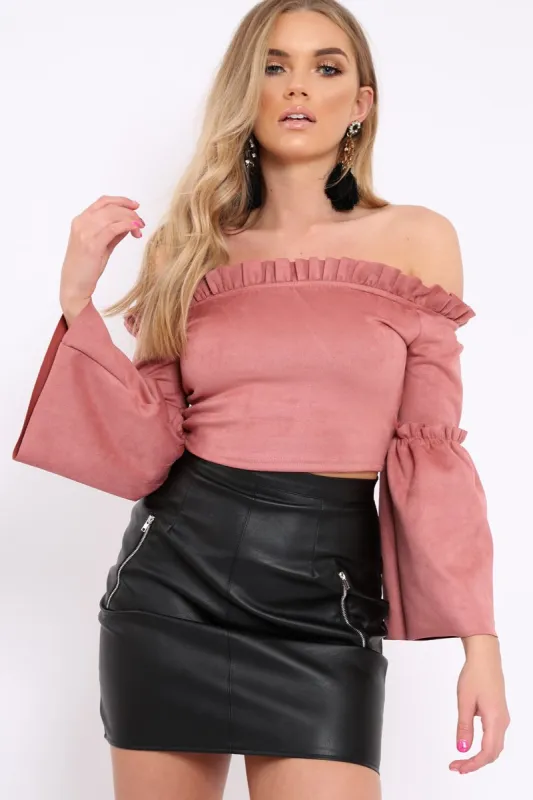 Rose Faux Suede Crop Bardot Top - Torri sold by Rebellious Fashion