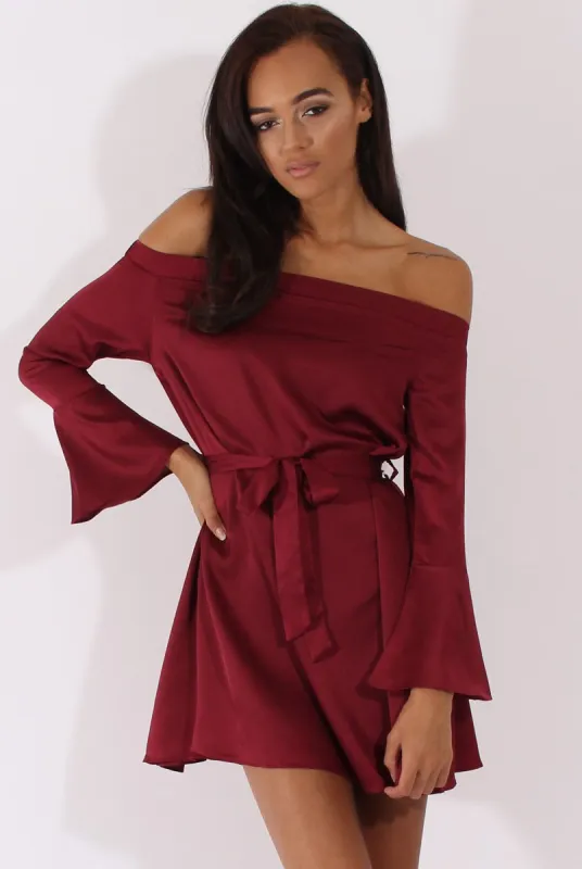 Red Silky Bardot Tie Waist Dress - Esther sold by Rebellious Fashion