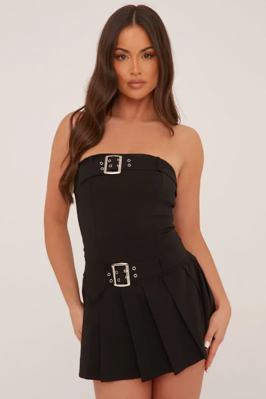 Black Pleat Detail Self Belt Bandeau Playsuit - Paisly sold by Rebellious Fashion
