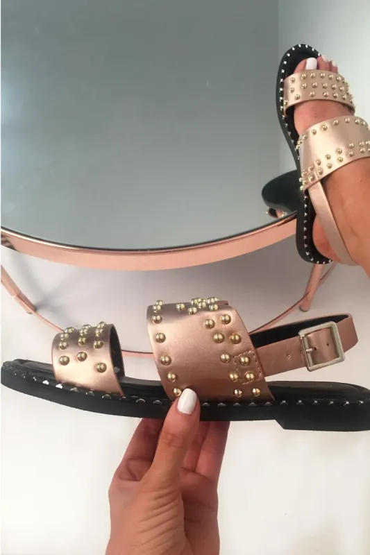 Rose Gold Studded Double Strap Sandals - Rosselyn sold by Rebellious Fashion