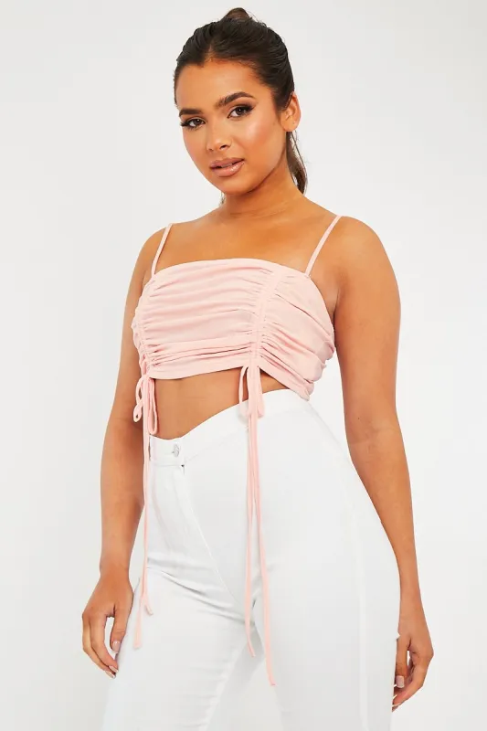 Pink Mesh Ruched Square Neck Crop Top - Leyna sold by Rebellious Fashion