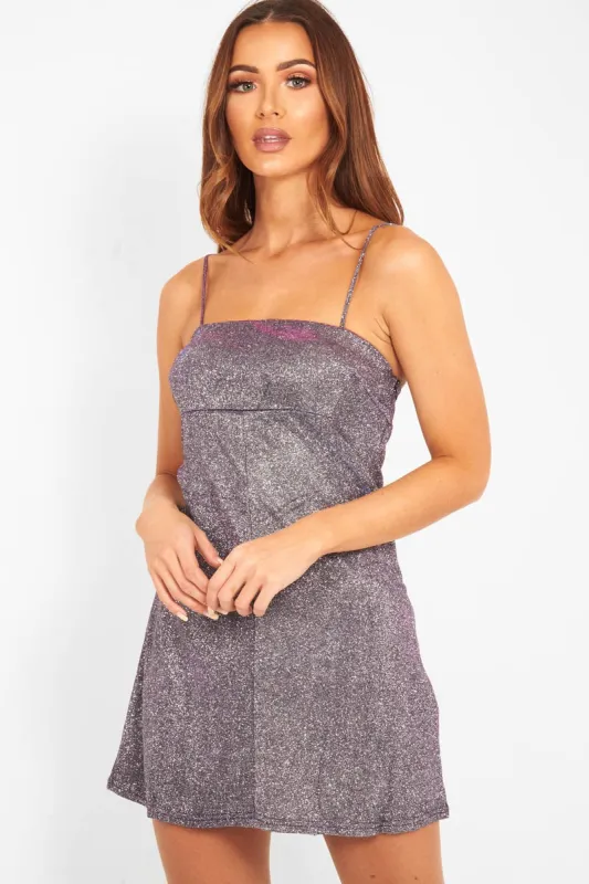 Purple Glitter Straight Neck Mini Dress - Alanis sold by Rebellious Fashion