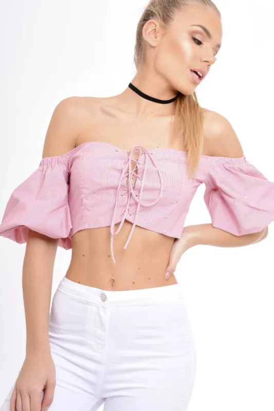 Red Striped Lace Up Bardot Crop Top - Malin sold by Rebellious Fashion