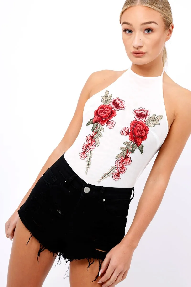 White Mesh Floral Embroidered Halterneck Bodysuit - Bebe sold by Rebellious Fashion product image thumbnail 2