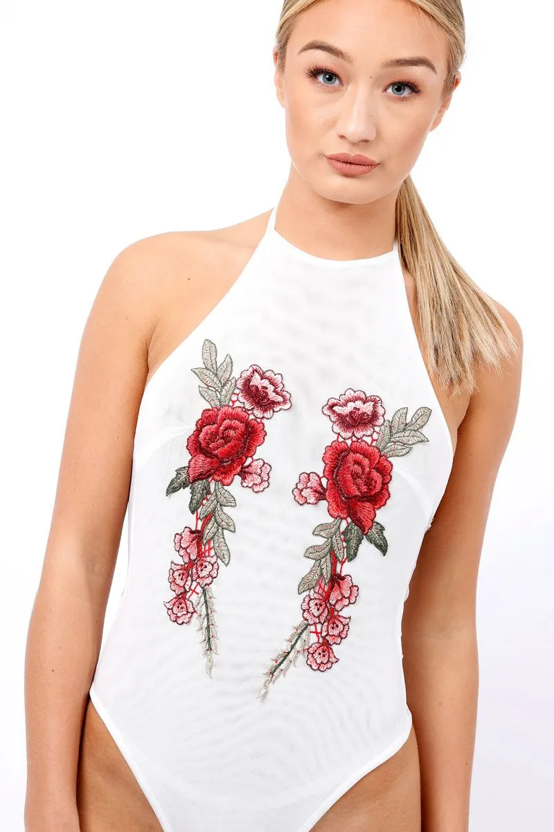 White Mesh Floral Embroidered Halterneck Bodysuit - Bebe sold by Rebellious Fashion product image thumbnail 5