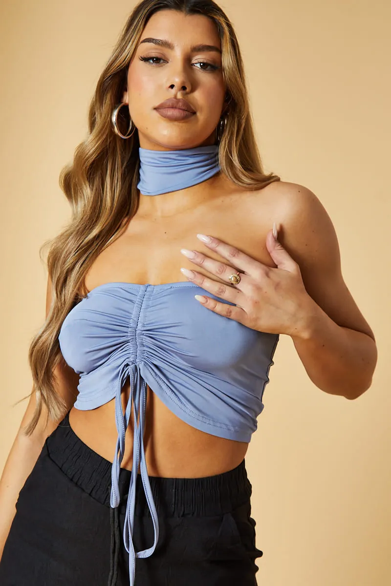 Blue Front Ruched Choker Neck Cropped Top - Nara sold by Rebellious Fashion product image thumbnail 4