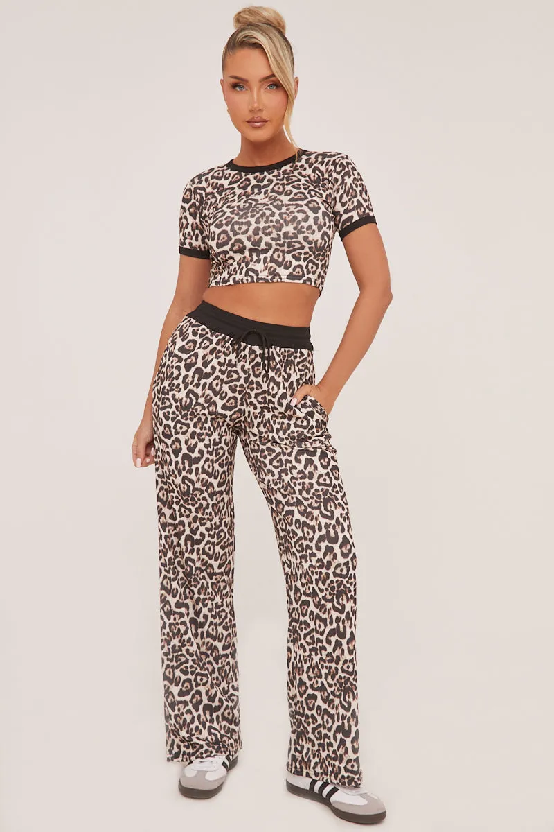 Beige Leopard Print Cropped Top & Straight Leg Trouser Co-ord Set - Ellie sold by Rebellious Fashion