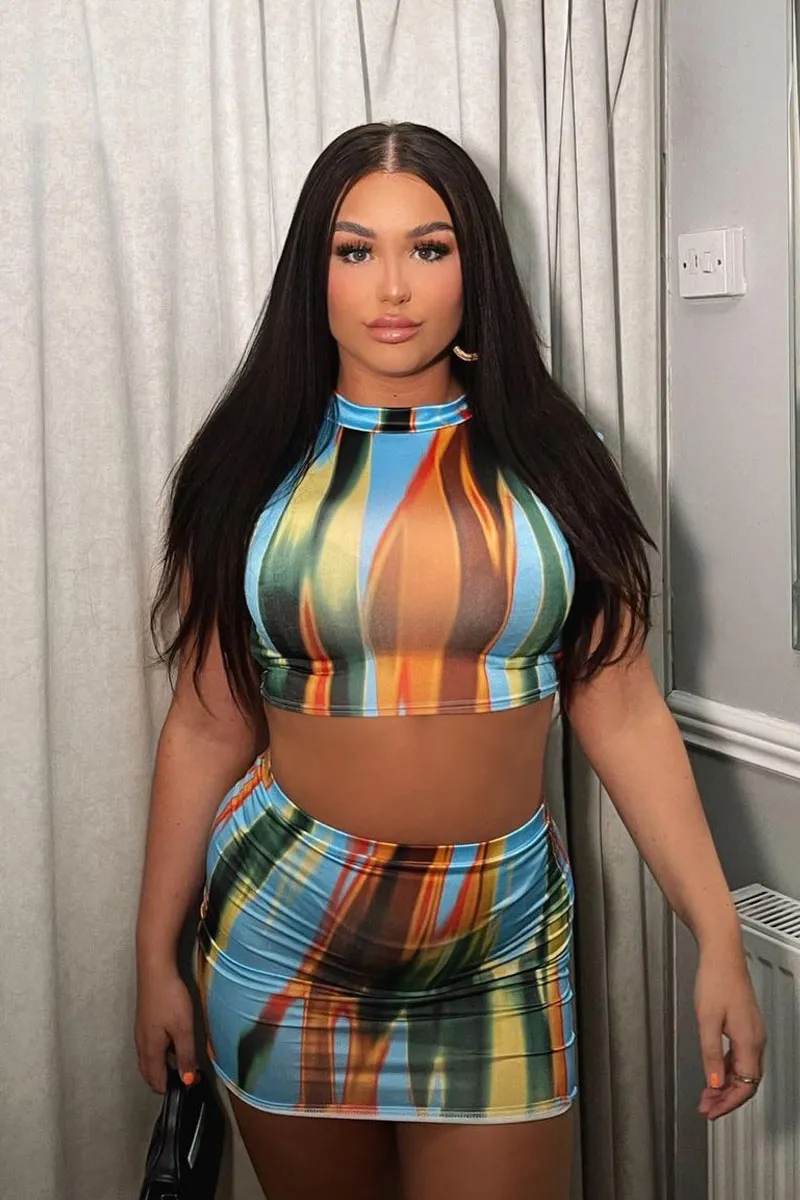 Multi Abstract Print High Neck Crop Top & Mini Skirt Set - Talulla sold by Rebellious Fashion
