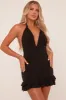 Black Plunge Halter Neck Frill Hem Mini Dress - Riplee sold by Rebellious Fashion
