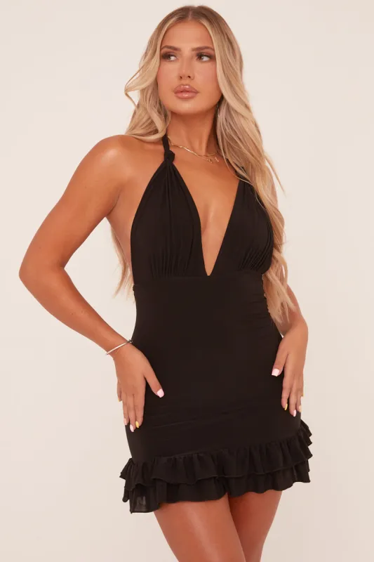 Black Plunge Halter Neck Frill Hem Mini Dress - Riplee sold by Rebellious Fashion