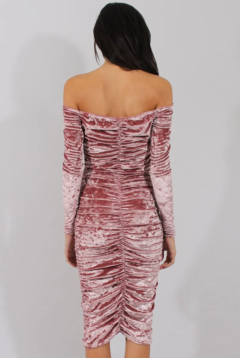 Pink Velvet Ruched Bardot Bodycon Dress - Louise sold by Rebellious Fashion product image thumbnail 5
