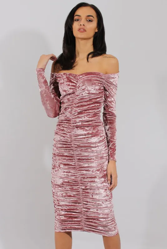 Pink Velvet Ruched Bardot Bodycon Dress - Louise sold by Rebellious Fashion