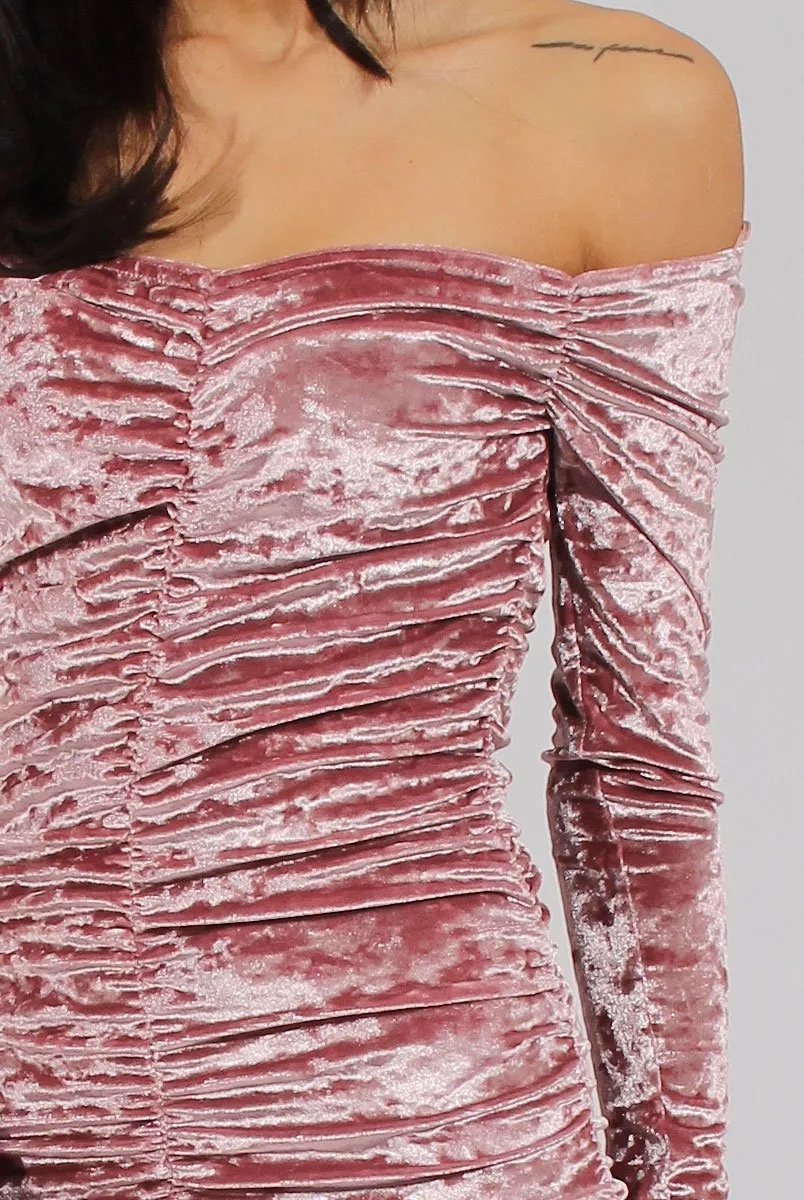 Pink Velvet Ruched Bardot Bodycon Dress - Louise sold by Rebellious Fashion product image thumbnail 4