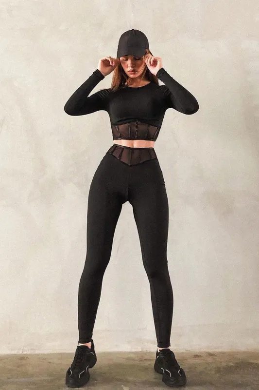 Black Mesh Corset Panel Crop Top Leggings Co-ord - Angela sold by Rebellious Fashion