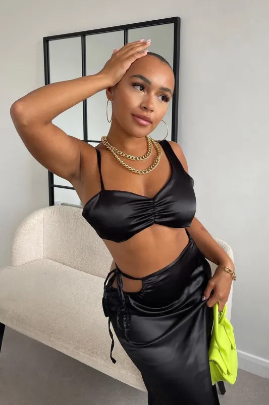 Black Satin Asymmetric Crop Top & Maxi Skirt - Odell sold by Rebellious Fashion