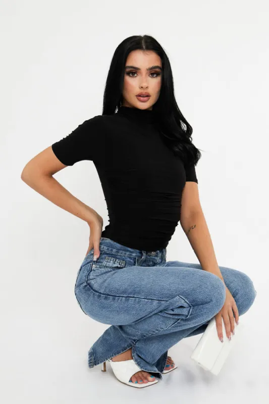 Black Slinky High Neck Ruched Side Bodysuit - Avea sold by Rebellious Fashion