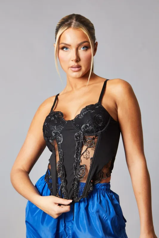 Black Mesh Lace Floral Embroidered Corset Detail Top - Takara sold by Rebellious Fashion