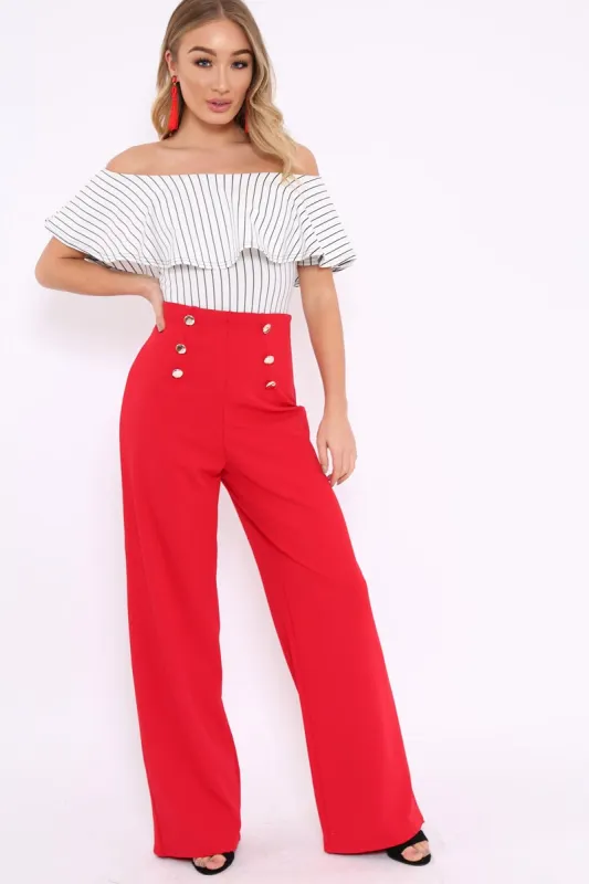 Red High Waist Button Front Wide Leg Trousers - Juna sold by Rebellious Fashion