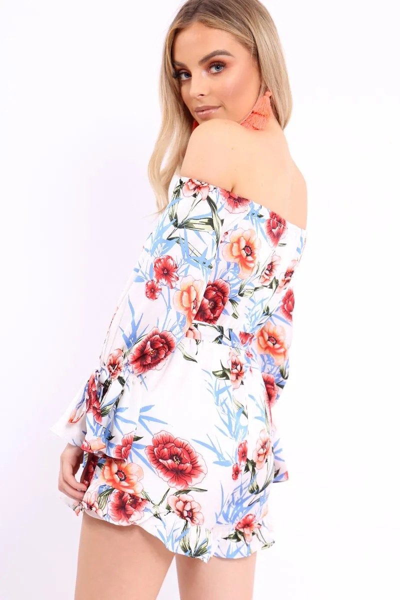 White Floral Bardot Playsuit with Frill Hem and Cuffs - Farhanna sold by Rebellious Fashion product image thumbnail 4